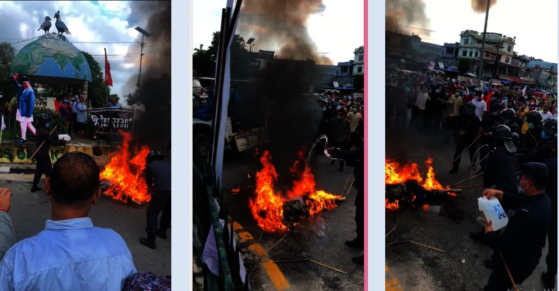 ओलीको गृह नगर दमकमा चोलेन्द्र शमशेरको पुत्ला जलाईयो